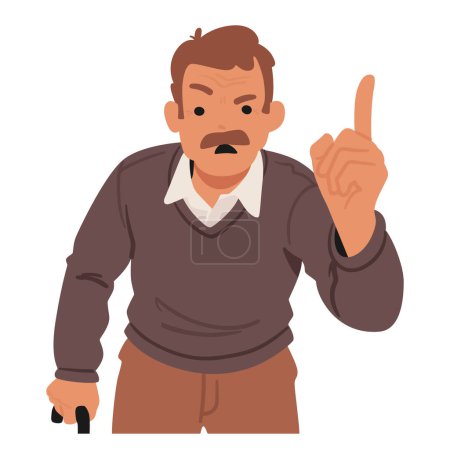 Illustration for Angry Senior Man Character Fiercely Wags His Finger, Expressing Disapproval With Sternness. Lines Etched On His Face Reveal Frustration And A Demand For Attention. Cartoon People Vector Illustration - Royalty Free Image