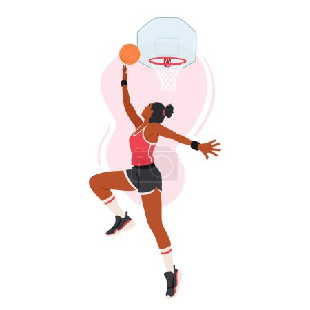 Illustration for Fierce Female Basketball Player Character Soars Through The Air, Executing A Powerful Slam Dunk With Grace. Her Athletic Prowess Captivate Court In A Breathtaking Display. Cartoon Vector Illustration - Royalty Free Image
