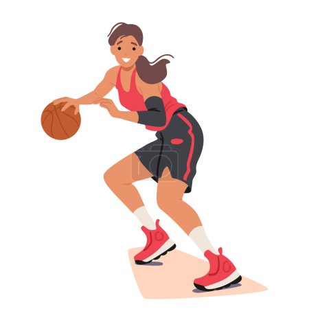 Illustration for Determined Girl Basketball Player Character Dribbles The Ball With Speed And Precision, Her Focused Gaze Fixed On The Hoop Showcasing Agility And Skill On The Court. Cartoon People Vector Illustration - Royalty Free Image