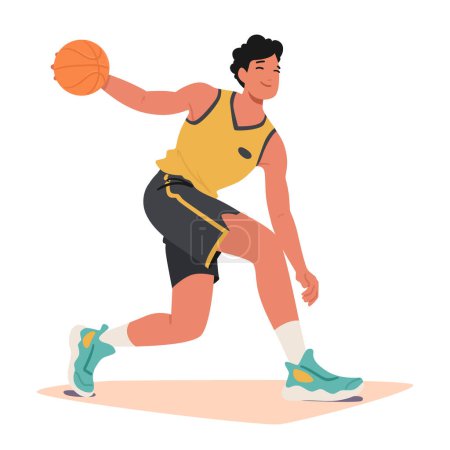 Illustration for Determined Male Basketball Player Sprints Down The Court, Dribbling The Ball With Precision. His Focused Expression And Agile Movements Showcase The Intensity Of Game In Action. Vector Illustration - Royalty Free Image