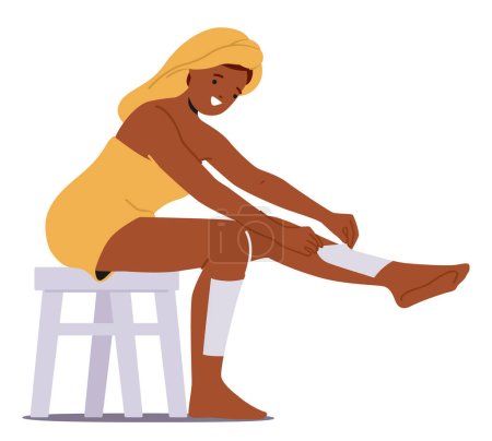 Ilustración de La mujer se somete a un procedimiento de depilación de piernas, la eliminación de cabello no deseado para una piel más suave. El proceso implica la aplicación de cera caliente, adherir tiras y eliminar rápidamente el cabello de las raíces. Ilustración vectorial - Imagen libre de derechos