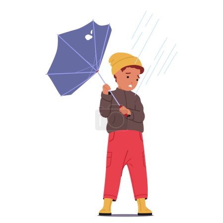 Illustration for Hapless Boy Character Battles The Storm and Wind, His Fractured Umbrella A Feeble Shield. A Poignant Portrait Of Youthful Resilience Against Nature Relentless Whims. Cartoon People Vector Illustration - Royalty Free Image