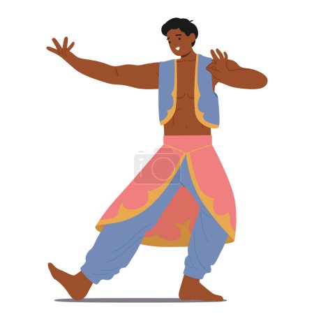 Illustration for Energetic And Expressive Indian Male Dancer Captivates With Graceful Movements, Intricate Hand Gestures, And Vibrant Footwork, Showcasing The Rich Cultural Tapestry Of Traditional Dance Forms, Vector - Royalty Free Image