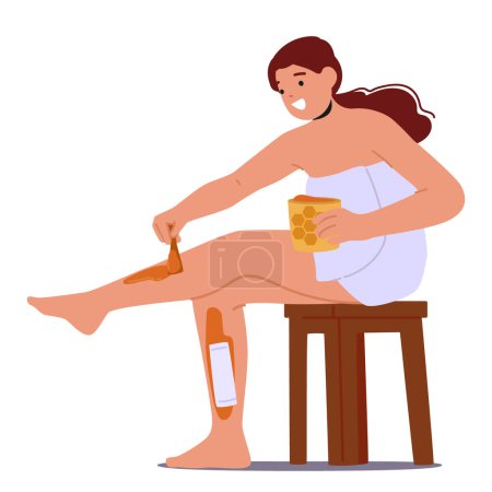 Illustration for Woman Gracefully Applying Warm Sugar Paste To Her Legs, Delicately Removes Unwanted Hair, Leaving Skin Smooth And Radiant, Female Character Apply Ritual Of Self-care And Beauty. Vector Illustration - Royalty Free Image