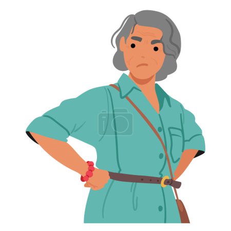 Illustration for Angry Old female Character with Furrowed Brow, Piercing Gaze and Arms Akimbo. Elderly Woman Face Etched With Lines Of Frustration, Storm Of Discontent Brewing In Her Eyes. Cartoon Vector Illustration - Royalty Free Image