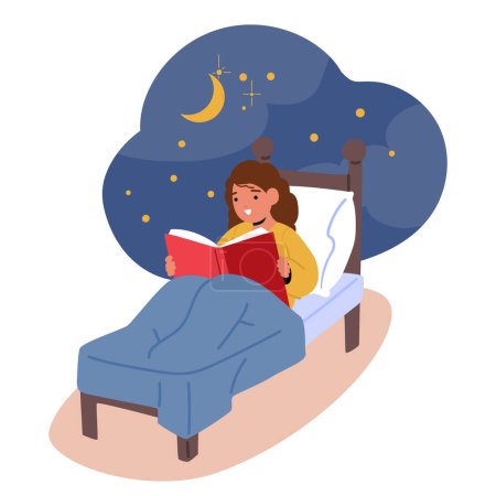 Illustration for Girl Character Reading, Curled Up In Bed. Child Engrossed In A Book, Lost In A World Of Imagination, As The Soft Glow Stars and Crescent Illuminates The Pages. Cartoon People Vector Illustration - Royalty Free Image