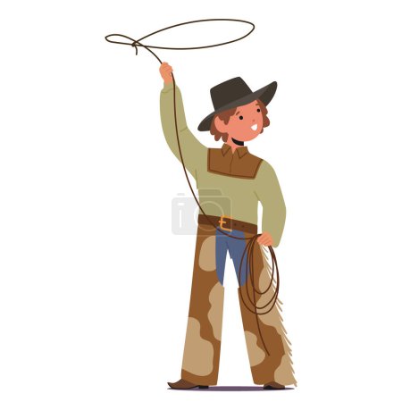 Ilustración de Young Cowboy Character Twirls Rope In A Vibrant Western Ensemble: Pantalones de cuero con flecos, botas y un sombrero de ala ancha. Los giros de espíritu capturan la esencia de la diversión fronteriza. Ilustración de gente de dibujos animados - Imagen libre de derechos