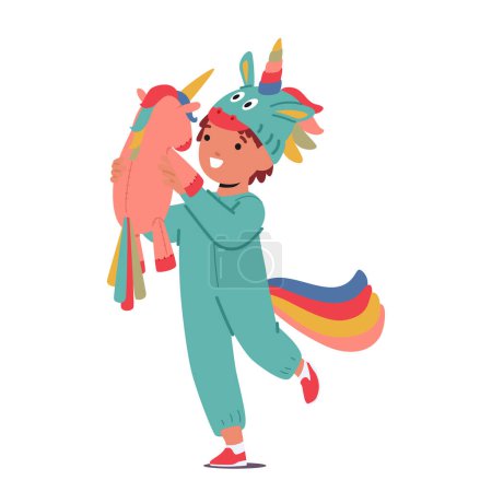 Téléchargez les illustrations : Joyful Child Character porte un pyjama Kigurumi licorne, plongé dans un confort confortable et fantaisiste, transformant l'heure du coucher en une aventure magique. Illustration vectorielle des personnages de bande dessinée - en licence libre de droit