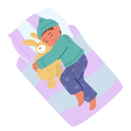 Ilustración de Baby Boy Caracter Sleeping. En una cama acogedora, un niño pequeño y lindo duerme pacíficamente, abrazando animales de peluche, sueños bailando en la serenidad de la habitación. Ilustración aislada del vector de la gente de la historieta - Imagen libre de derechos