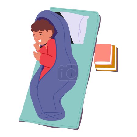 Illustration for Peaceful Child Boy Character Sleeps On A Mat With Books around In The Elementary School Naptime Scene, Dreaming Away The Day In Comforting Tranquility. Cartoon People Vector Illustration - Royalty Free Image