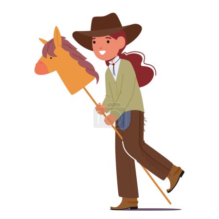 Illustration for Kid Girl Cowboy Character Clad In A Rustic Ensemble, Gleefully Rides her Trusty Wooden Horse, Embodying The Spirit Of The Wild West With Grin As Wide As The Prairie. Cartoon People Vector Illustration - Royalty Free Image