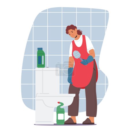 Illustration for Exhausted Housewife Scrubs The Toilet, Wearied By Relentless Housework. Fatigue Etched On Her Face, She Persists, Embodying Unseen Struggles Of Domestic Responsibilities. Cartoon Vector Illustration - Royalty Free Image