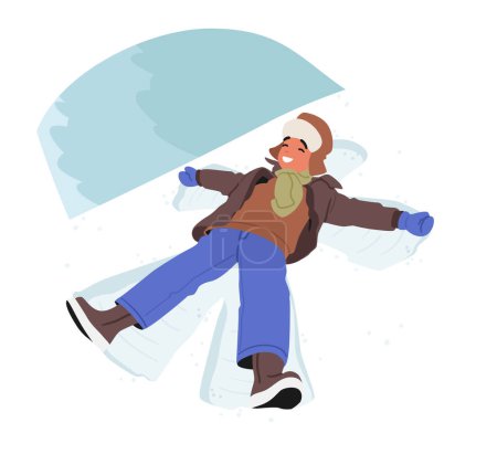 Illustration for Joyous Boy Lies In Freshly Fallen Snow, Limbs Outstretched, Creating A Snow Angel. Laughter Echoes As He Leaves A Whimsical Imprint In The Glistening Winter Canvas. Cartoon People Vector Illustration - Royalty Free Image
