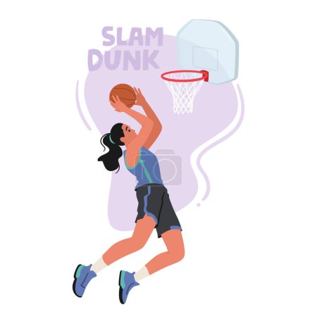 Illustration for Powerful Female Basketball Player Character Soars Through The Air, Executing A Flawless Slam Dunk. Her Determination And Athleticism Shine As She Dominates The Court With Grace And Strength, Vector - Royalty Free Image