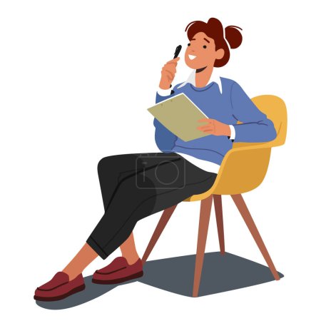 Illustration for Poised Woman, Seated On A Chair, Attentively Holds A Clipboard And Pen. Her Focused Demeanor Exudes Professionalism, As She Engages In Organized Note-taking And Decision-making. Vector Illustration - Royalty Free Image