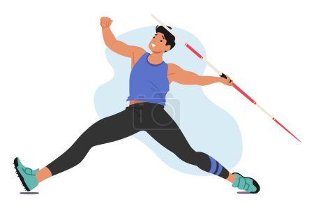 Illustration for Javelin Thrower Athlete Male Character Exhibit Precision And Strength, Launching Slender Spear-like Javelin With Finesse, Combines Technique, Agility, And Raw Power. Cartoon People Vector Illustration - Royalty Free Image
