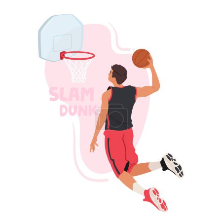 Illustration for Towering Basketball Player Male Character Soars Through The Air, Muscles Flexed, As He Executes A Powerful Slam Dunk, Leaving The Crowd In Awe Of His Athleticism And Gravity-defying Prowess, Vector - Royalty Free Image