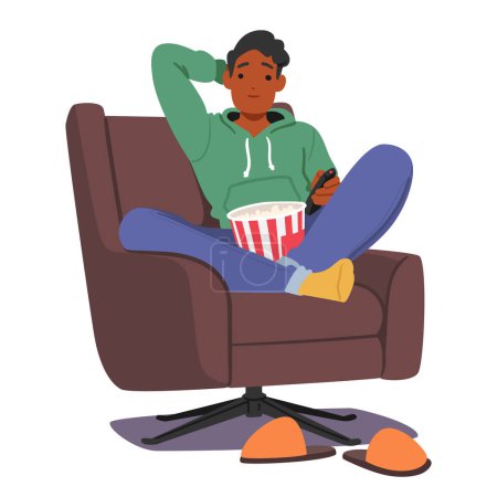 Illustration for Man Relaxes At Home, Enjoying A Movie With Popcorn. Cozy Atmosphere, Cinematic Escape, Simple Joys In The Comfort Of His Living Room. Male Character Resting Routine. Cartoon People Vector Illustration - Royalty Free Image