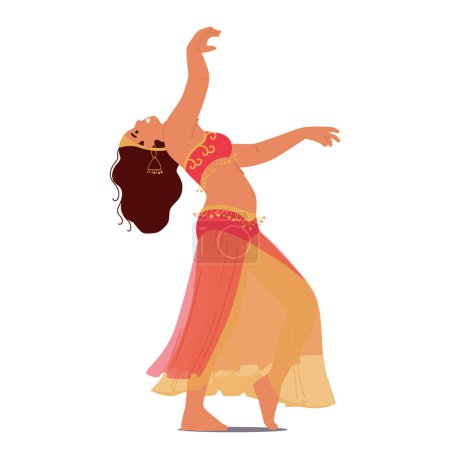 Illustration for Graceful And Captivating Eastern Woman Dances The Belly Dance With Fluid Movements, Expressing Cultural Allure Through Intricate Hip Articulation And Mesmerizing Rhythmic Patterns. Vector Illustration - Royalty Free Image
