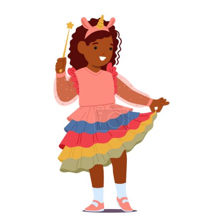 Ilustración de Linda chica personaje adornado en un vestido de unicornio rosa y arco iris, una varita en la mano, ella encanta con un encanto mágico, encarnando gracia caprichosa y maravilla de la infancia. Dibujos animados Gente Vector Ilustración - Imagen libre de derechos