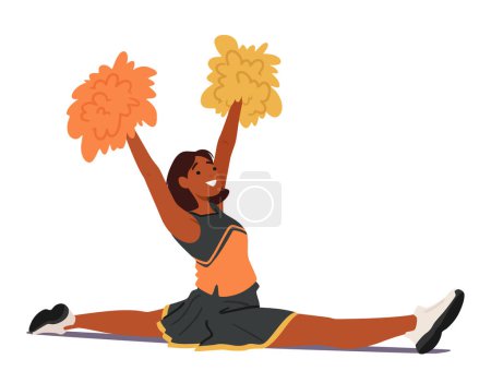 Illustration for Energetic Cheerleader Girl Character, Pompoms Aglow, Dazzles With A Flawless Split. Vibrant Spirit, Impeccable Form, a Burst Of Athletic Prowess And School Pride In Motion. Cartoon Vector Illustration - Royalty Free Image