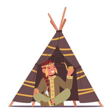 Ilustración de Joven personaje principal nativo americano, adornado con vibrantes patrones tribales, lleva un tocado emplumado y mocasines, sentado orgullosamente en un Wigwam, con pipa humeante. Dibujos animados Gente Vector Ilustración - Imagen libre de derechos