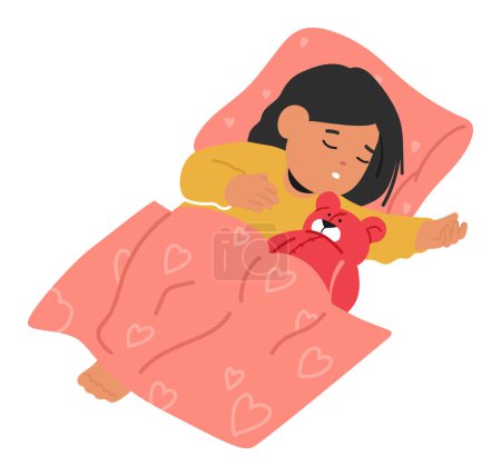 Illustration for Sweet Dreams Envelop A Peaceful Scene As A Cute Child Sleeps In Bed And Cuddly Stuffed Teddy Bear. Little Girl Character Sleeping with Animal Toy. Isolated Cartoon People Vector Illustration - Royalty Free Image