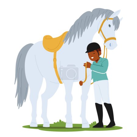 Illustration for Young Jockey, Adorned In Colorful Racing Gear, Affectionately Tends To His Spirited Horse, Their Bond Evident In Shared Excitement And A Mutual Anticipation For The Upcoming Race. Vector Illustration - Royalty Free Image