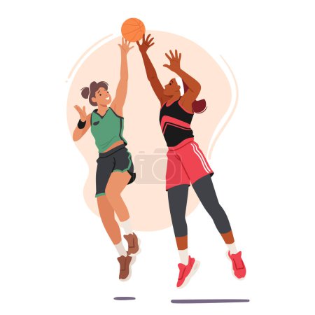 Ilustración de Dos feroces jugadoras de baloncesto participan en una animada lucha por el balón, mostrando determinación y atletismo en la intensa competencia en la cancha. Dibujos animados Gente Vector Ilustración - Imagen libre de derechos