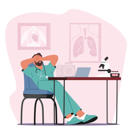 Illustration for Weary And Disheartened Doctor Slouches In His Office, Burdened By Exhaustion And Sorrow, A The Weight Of Countless Patients Struggles Etched Across His Fatigued Face. Cartoon Vector Illustration - Royalty Free Image