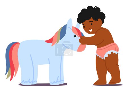 Illustration for Baby Playing With Toy. Giggles Fill The Air As Tiny Fingers Explore The Velvety Mane And Gentle Eyes Of A Soft Pony. Joyful Babbles Accompany A World Of Soft Textures And Endless Fascination, Vector - Royalty Free Image