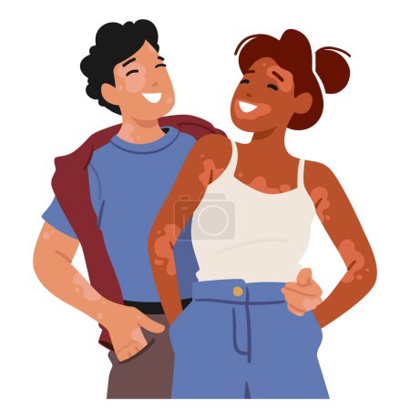 Illustration for Joyous Couple, Their Love Transcending Boundaries, Both Proudly Displaying Beautiful Vitiligo Patterns. Embracing Uniqueness, their Smiles Radiate Warmth, Acceptance And Shared Happiness, Vector - Royalty Free Image