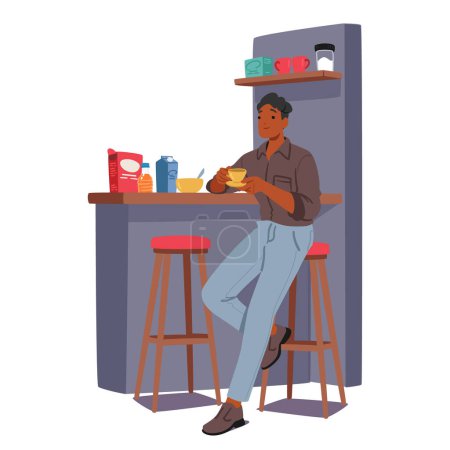 Illustration for Young Man Immersed In His Daily Routine, Savors A Home-cooked Meal. The Comforting Ritual Unfolds As He Enjoys Familiar Flavors, Creating A Moment Of Solace And Nourishment. Vector Illustration - Royalty Free Image