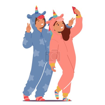 Illustration for Adorable Kids Characters Don Unicorn-themed Kigurumi Pajamas, Making Selfie on Smartphone, Transforming Bedtime Into A Magical Adventure Filled With Whimsy And Imagination. Cartoon Vector Illustration - Royalty Free Image