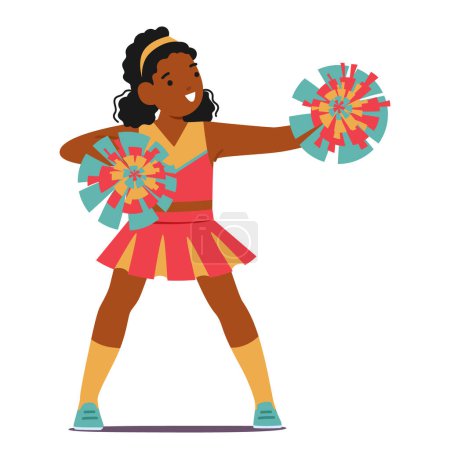 Illustration for Petite, Adorable Black Cheerleader With Sparkling Eyes And A Vibrant Smile, Donned In A Colorful Uniform, Energetically Waving Pompoms, Spreading Joy And Cheer With Her Infectious Enthusiasm, Vector - Royalty Free Image