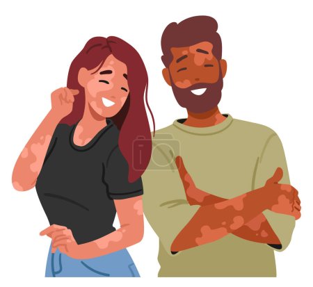 Téléchargez les illustrations : Personnages de couple joyeux avec vitiligo, Célébrer l'amour et l'unicité. Leurs sourires rayonnent d'acceptation, embrassant la diversité et prouvant la beauté dans les différences. Illustration vectorielle des personnages de bande dessinée - en licence libre de droit