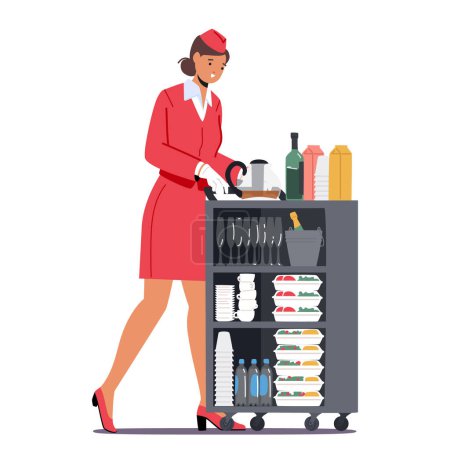 Illustration for Woman Stewardess with Food Trolley. Female Air Hostess Profession Ensures Passenger Safety And Comfort During Flights. She Manages In-flight Services, Assists With Emergencies. Vector Illustration - Royalty Free Image