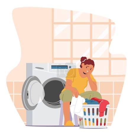 Illustration for Exhausted Housewife Character, Burdened By Relentless Laundry And Housework, Wearily Navigates Through The Never-ending Chores, Yearning For A Moment Of Respite. Cartoon People Vector Illustration - Royalty Free Image