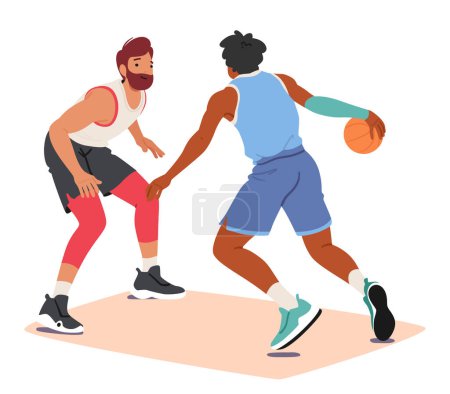 Deux joueurs de basket-ball féroces s'affrontent dans une lutte passionnante pour le ballon, leur détermination manifeste dans chaque mouvement intense, créant une confrontation palpitante sur le terrain. Illustration vectorielle des personnages de bande dessinée