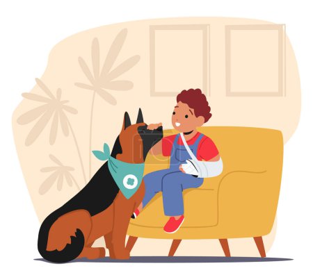 Illustration for Injured Child Character With A Broken Arm Finds Solace In A Loyal Canine Companion, Furry Helper Offering Comfort And Support During The Healing Process. Cartoon People Vector Illustration - Royalty Free Image