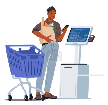 Illustration for Man Character Shops For Groceries, Selects Items, Scans At Self-service Terminal, Bags Full of Purchases. Efficient Routine Streamlines The Shopping Process. Cartoon People Vector Illustration - Royalty Free Image