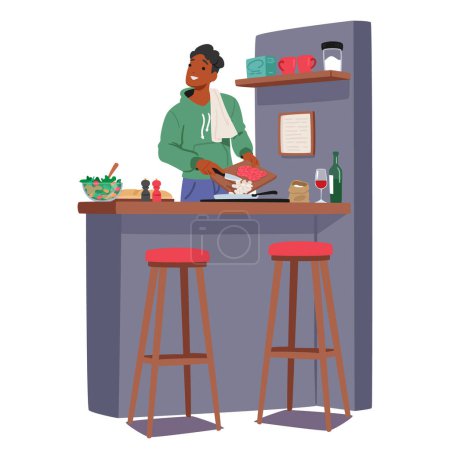 Illustration for Man Prepares Dinner In The Kitchen, Character Chopping Ingredients With Precision, And Adding His Personal Touch To Create A Delightful Culinary Masterpiece. Cartoon People Vector Illustration - Royalty Free Image