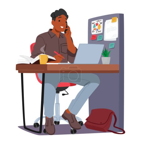 Illustration for Man Works In Office, Performing Tasks Such As Analyzing Data, Attending Meetings And Collaborating On Project Using Computer To Contribute To Organizational Goals And Productivity. Vector Illustration - Royalty Free Image