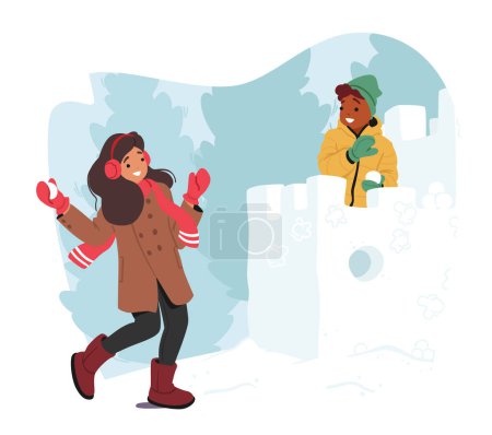 Illustration for Giggling Kids Launch Snowy Assaults, Constructing A Fortress Adorned With Laughter. Frosty Battles Ensue, Joyously Echoing Through The Winter Air, Creating Memories Within The Snow-kissed Playground - Royalty Free Image
