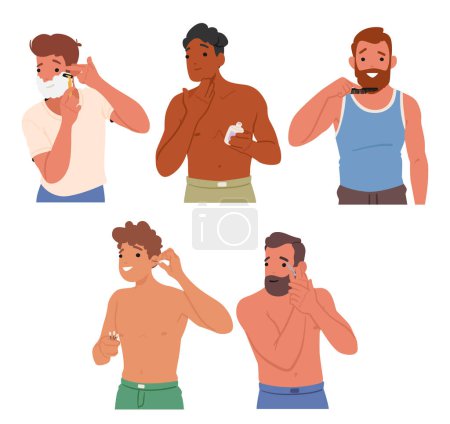 Illustration for Man Beauty Routine Includes Cleansing, Moisturizing, And Grooming, Shaving Or Beard Care, Character Effective Skincare To Maintain A Polished Appearance. Cartoon People Vector Illustration - Royalty Free Image