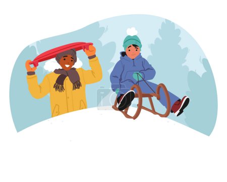Illustration for Joyful Kids Zoom Down Snowy Slopes, Laughter Echoing In The Crisp Air. Bright Sleds Carve Trails, Leaving Behind Memories Of Winter Fun And Rosy-cheeked Delight. Cartoon People Vector Illustration - Royalty Free Image