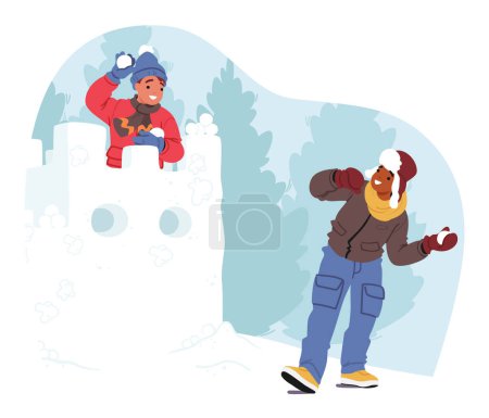 Téléchargez les illustrations : Giggling Kids Engagez-vous dans des combats épiques de boules de neige, artisanat forteresse enneigée avec joie. Rires Échos au milieu de la neige volante alors qu'ils créent des souvenirs hivernaux dans un champ de bataille givré. Illustration vectorielle de bande dessinée - en licence libre de droit
