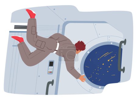 Téléchargez les illustrations : L'astronaute en apesanteur flotte gracieusement à l'intérieur du vaisseau spatial, regardant à travers la fenêtre la grandeur impressionnante de l'espace extérieur dans le contexte cosmique fascinant. Illustration vectorielle de bande dessinée - en licence libre de droit