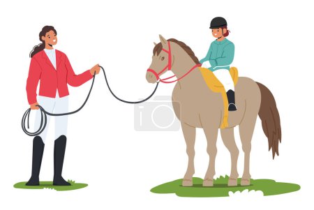 Illustration for Instructor Patiently Guides The Child In Mastering Horseback Riding, Fostering Confidence And Balance. With Gentle Encouragement, They Create A Safe And Enjoyable Learning Environment For Young Rider - Royalty Free Image
