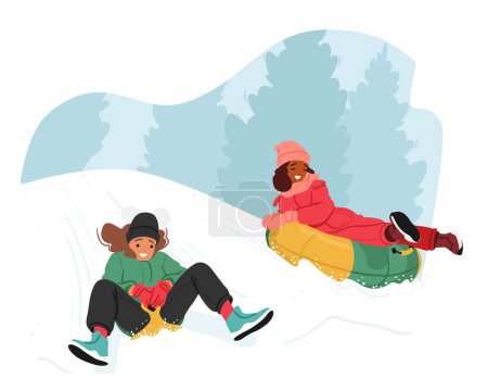 Illustration for Joyful Kids Sled Down Snowy Hills, Laughter Echoing In The Crisp Winter Air. Bright Scarves Trail Behind Them As They Navigate The Sparkling Slopes, Creating Cherished Winter Memories, Vector Scene - Royalty Free Image